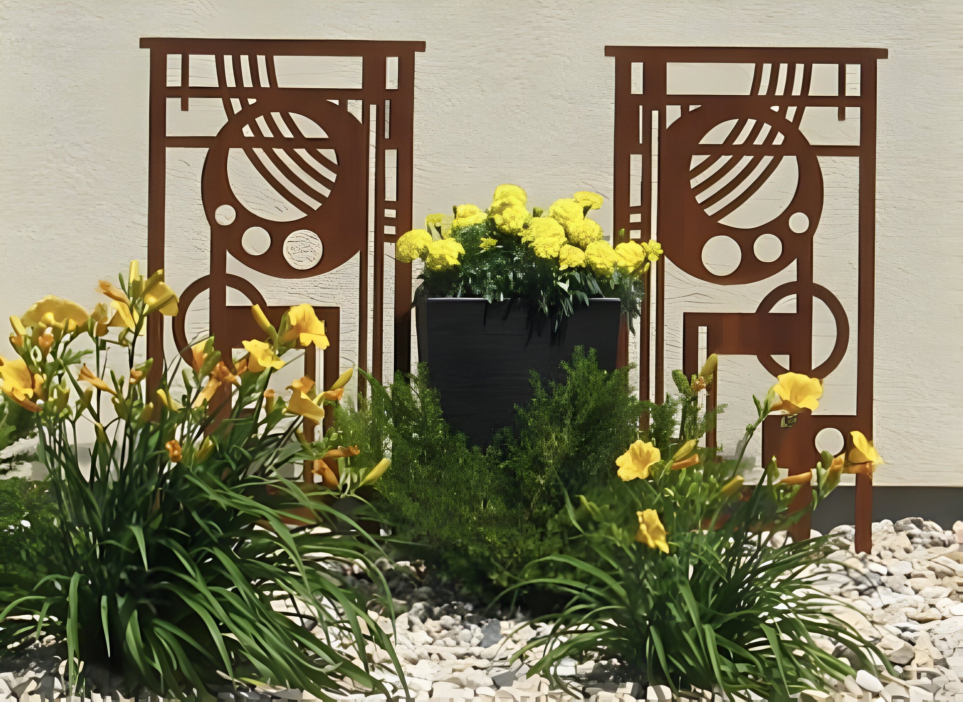 Metal trellis screens next to flowers