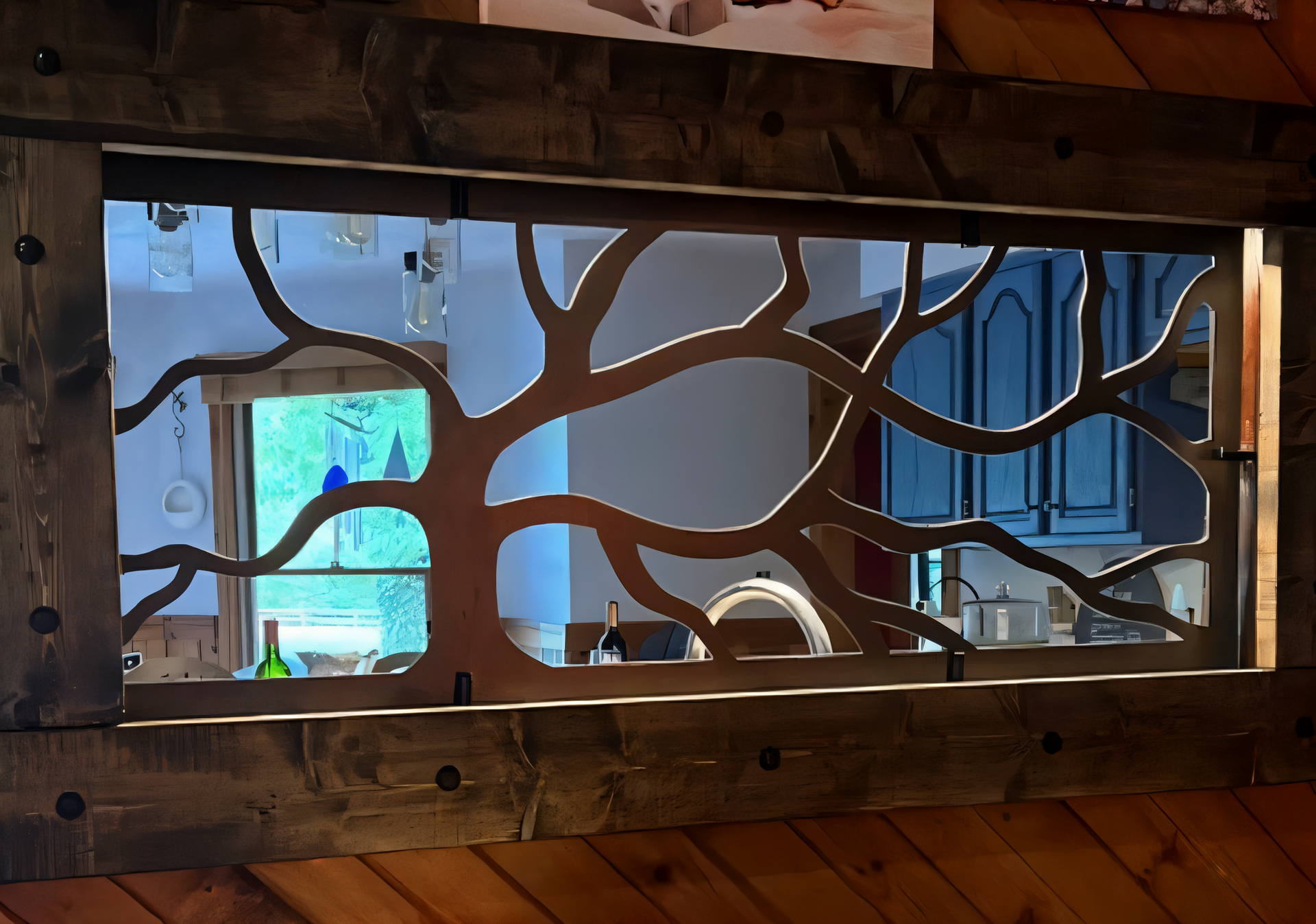 Indoor metal panel used for an insert placed in a wooden frame.