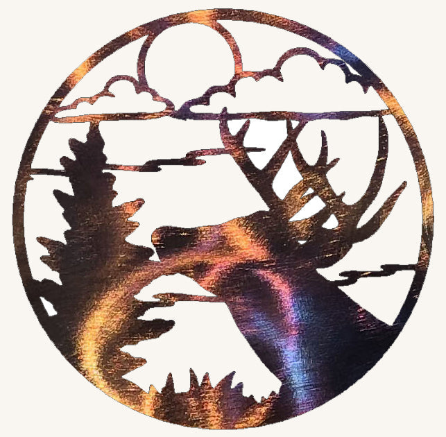 Decorative metal wall art with a silhouette of a deer in a circular frame.