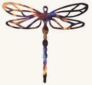 Metallic dragonfly sculpture with a multicolored design on a white background