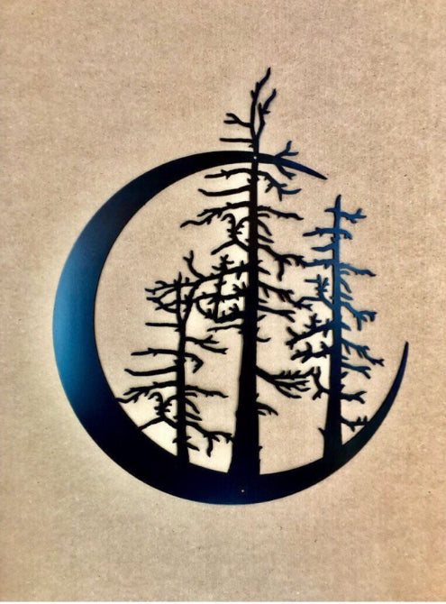 Crescent Moon With Trees - Metal Wall Art