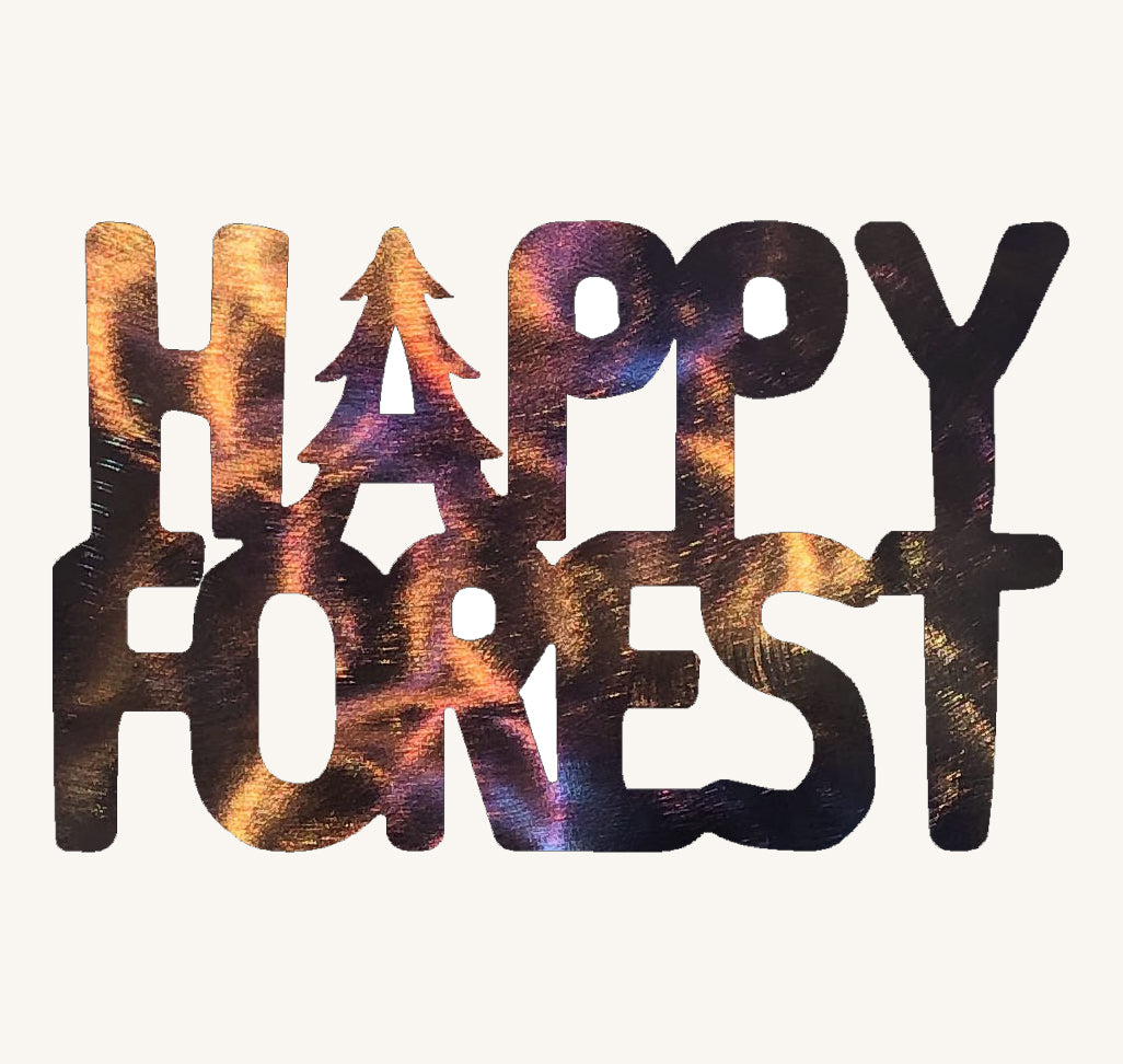Decorative sign with 'Happy Forest' text on a white background