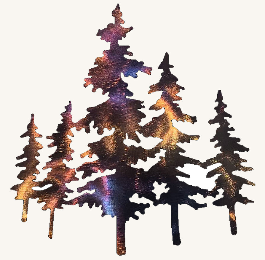 Metallic tree sculpture with a multicolor finish on a white background