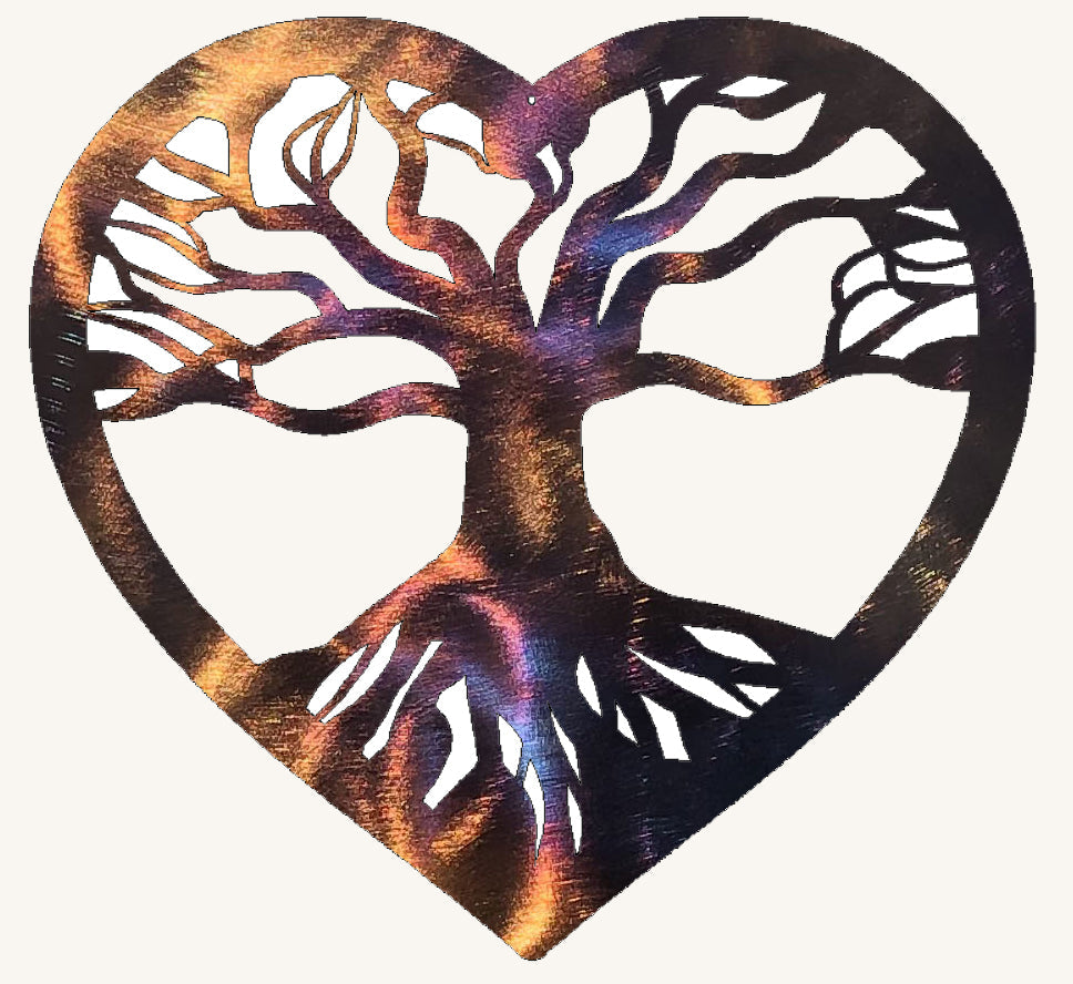 Metallic tree of life design inside a heart shape on a white background