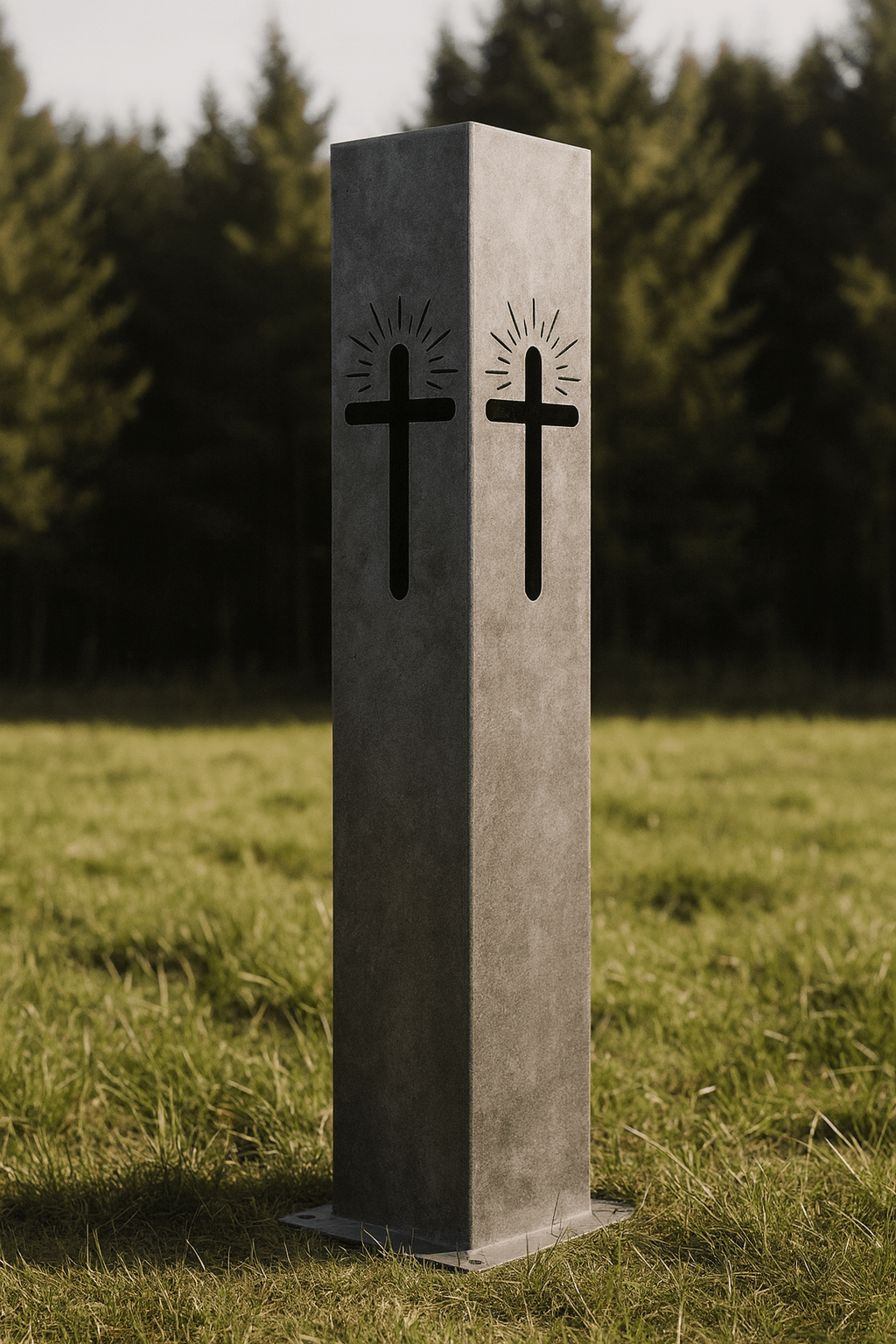 Garden Column Pillar with cross designs in a grassy field