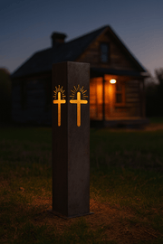 Decorative Garden Column Pillar with cross design in front of a house at night.