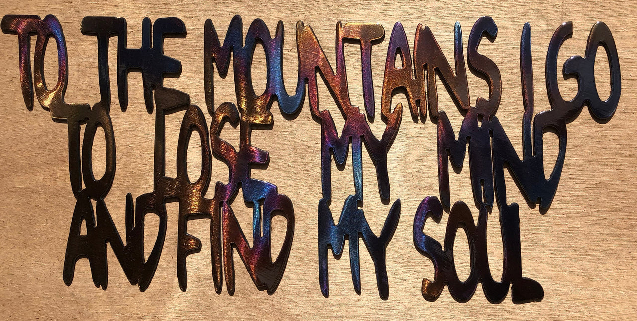 Wooden sign with metal cut-out letters spelling a quote on a wooden background
