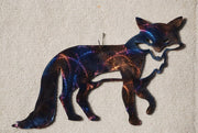 Colorful galaxy-themed fox silhouette on a textured beige background