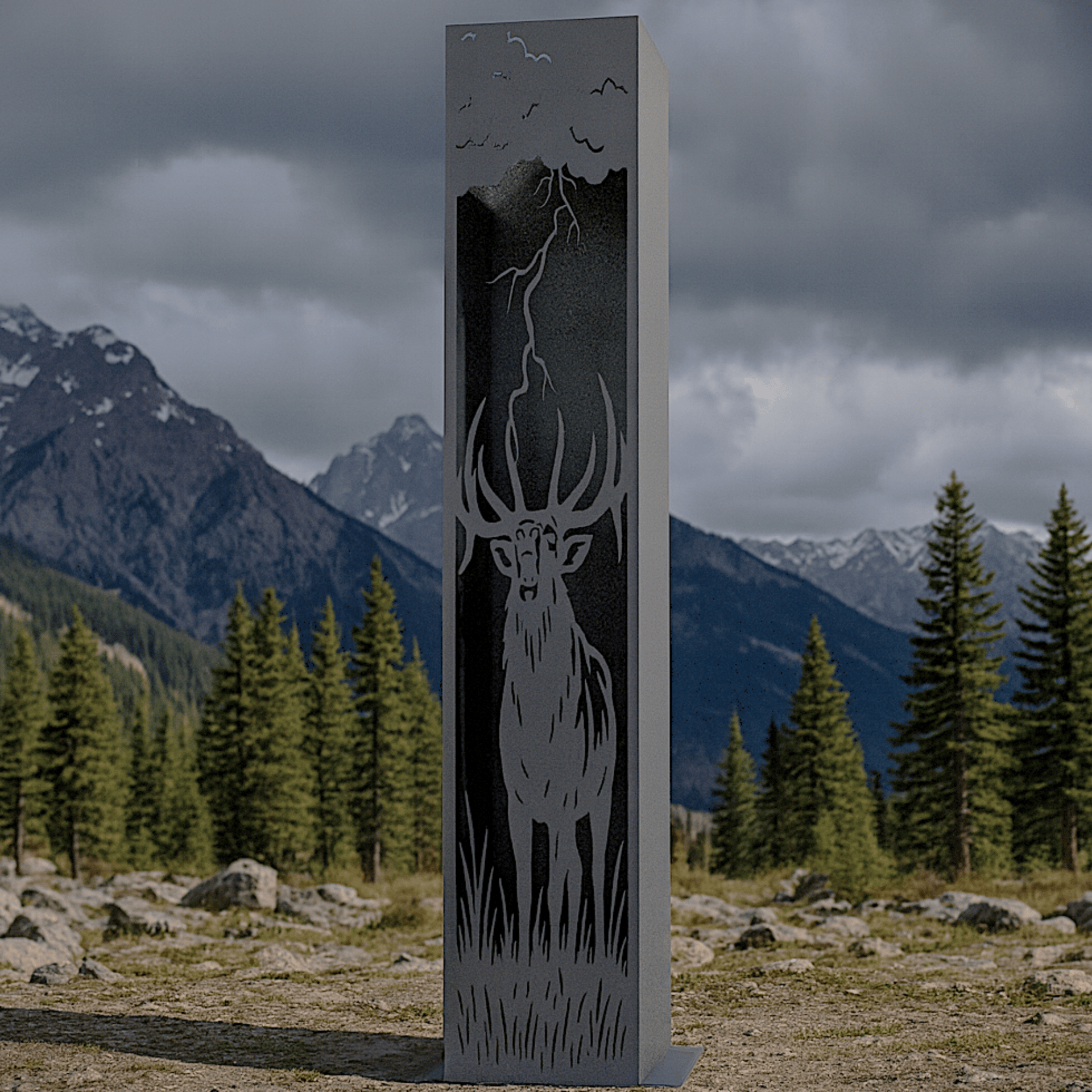 Decorative Garden Pillar with deer design in a mountainous landscape